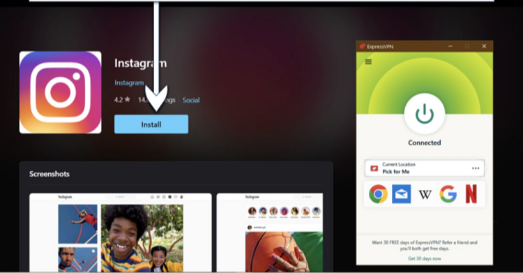 Screenshot of Instagram installation page with ExpressVPN connected to a