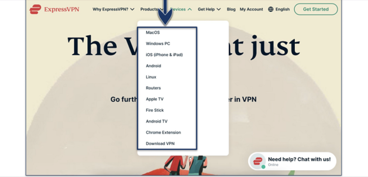 Screenshot of the compatible device list on the ExpressVPN landing page