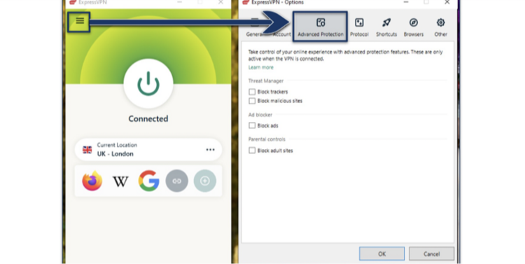 Screenshot of the Advanced Protection settings in the ExpressVPN app