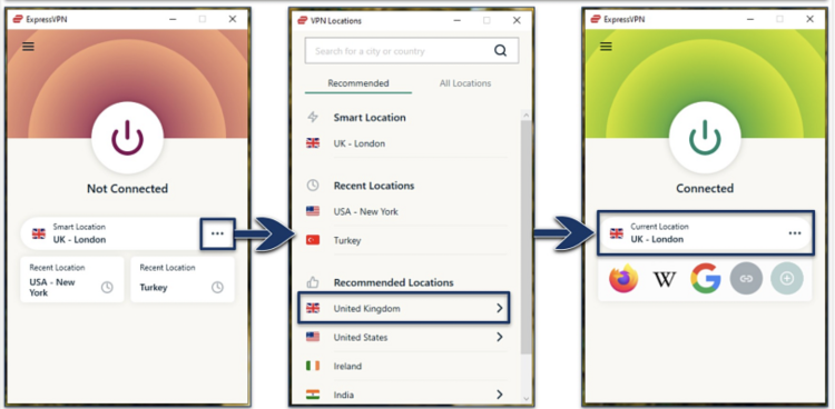 Screenshot of the server list in the ExpressVPN app