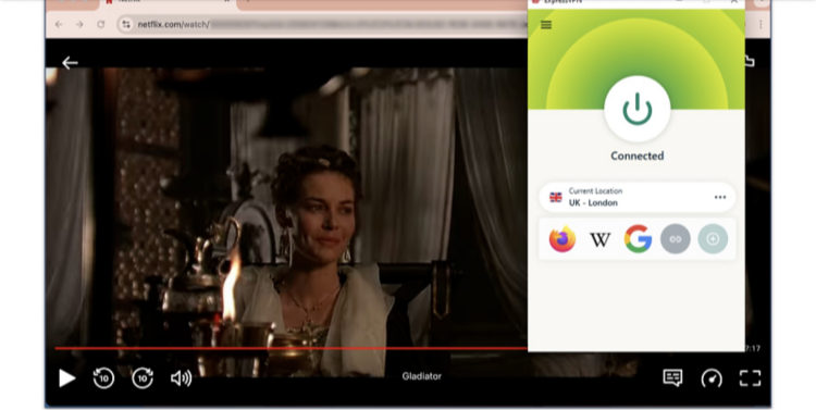 Screenshot of the movie Gladiator streaming on Netflix with the ExpressVPN app in the backgroundThe