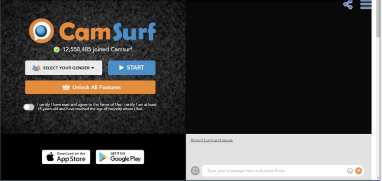 Screenshot of CamSurf's homepage