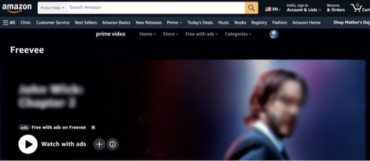 A snapshot on Freevee browser version user interface