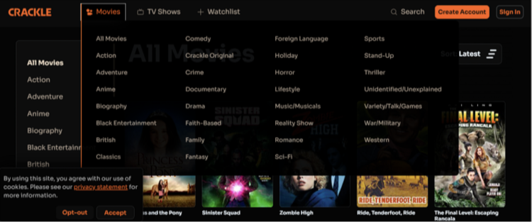 Screenshot of Crackle's interface showing all the content categories.