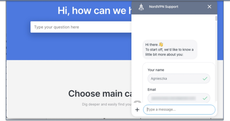 Screenshot of NordVPN's live chat box