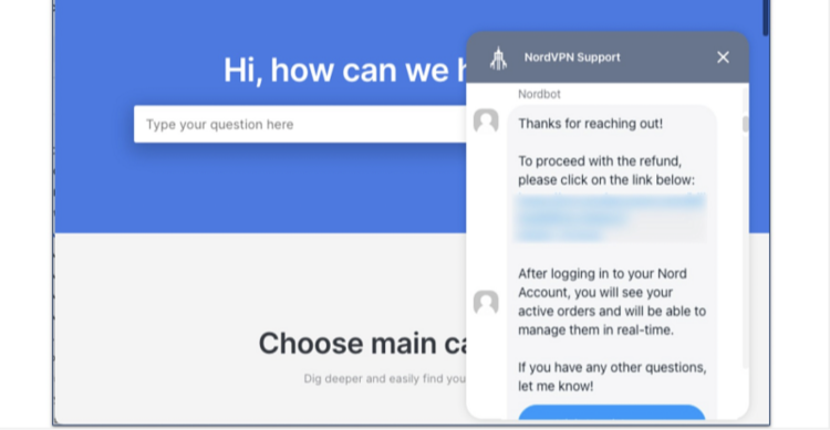 Screenshot of the NordVPN live chat while initiating the refund