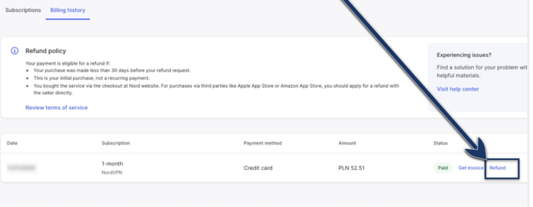 Screenshot of the Billing history tab in the NordVPN app