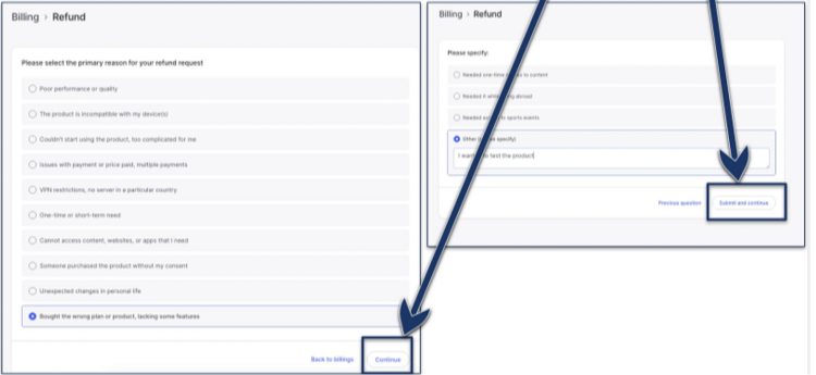 Screenshot of the questions regarding canceling and refund in the NordVPN app 