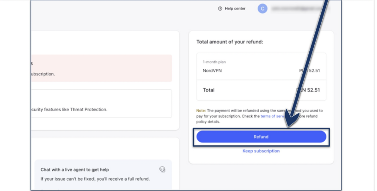 Screenshot of the last step of the refund request process in the NordVPN app