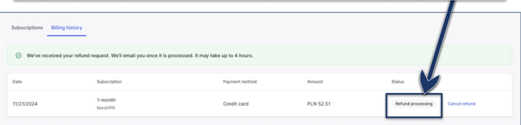 Screenshot of the NordVPN personal dashboard with the Refund processing message