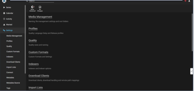 Screenshot der Sonarr-Einstellungen