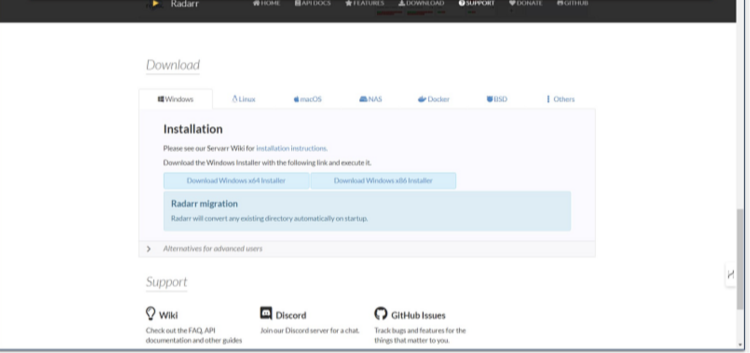 Screenshot der Installationsanweisungen von Radarr für Windows