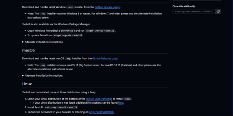 Screenshot der Installationsanleitung von Tautulli für Windows, macOS und Linux