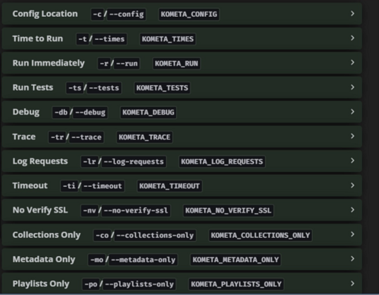 Screenshot von Kometa's Ausführungsbefehlen und Umgebungsvariablen