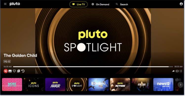 Screenshot of Pluto TV homepage