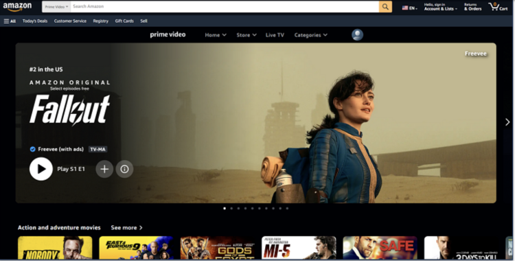 Screenshot of Amazon Freevee homepage