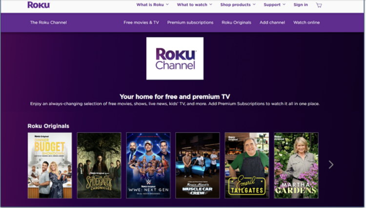 Screenshot of The Roku Channel homepage