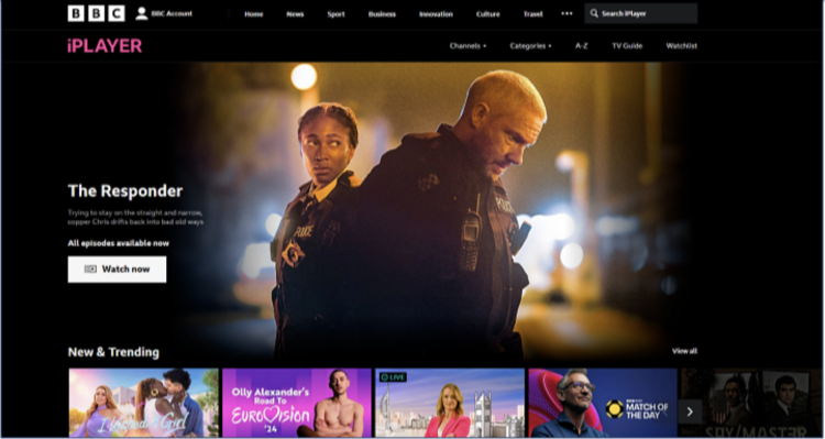 Screenshot of BBC iPlayer homepage