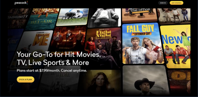 Screenshot of Peacock TV homepage
