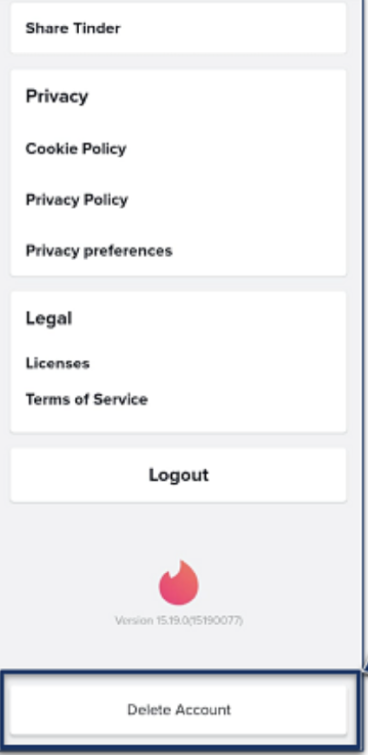 Screenshot of Delete Account option