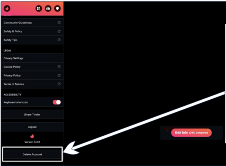 Screenshot of Tinder's desktop delete account option
