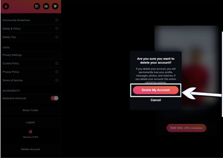 Screenshot of Tinder's desktop confirmation