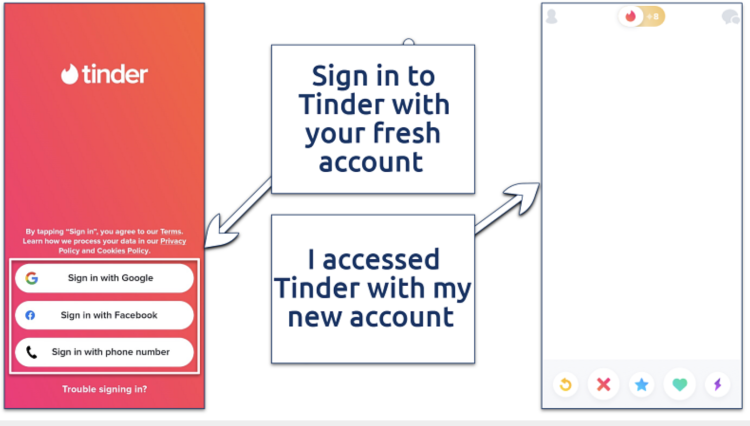 Screenshot of Tinder login and home screen