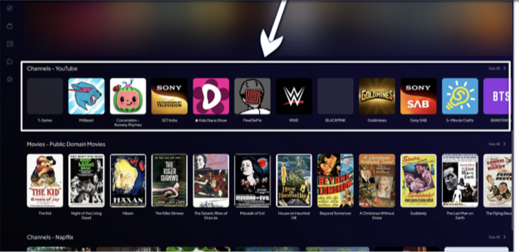 A screenshot showing YouTube channel icons in the Stremio interface