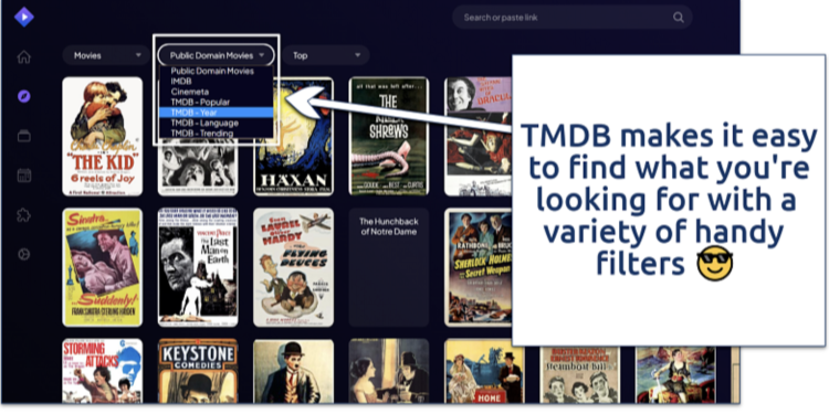 A screenshot showing TMDB addon filters in Stremio