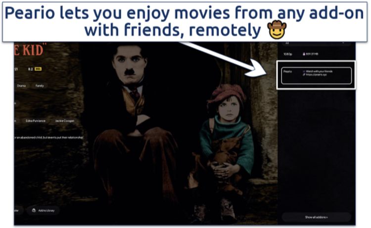 A screenshot showing the Peario streaming link appearing in the Archive.org Movie addon