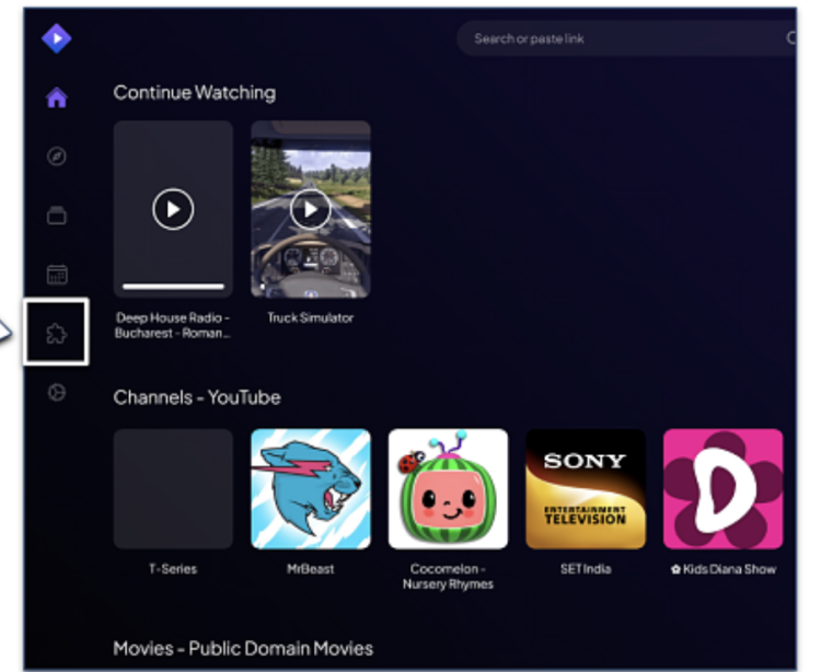 A screenshot showing how to access the Addons tab in Stremio