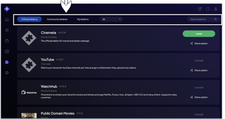 A screenshot showing how to find Stremio addons