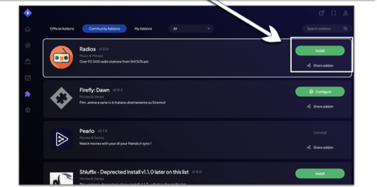 A screenshot showing how to install a Stremio addon