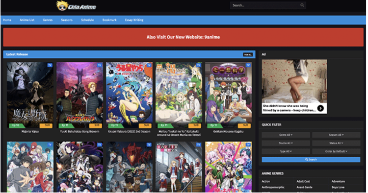 Chia-Anime website screenshot showing homepage