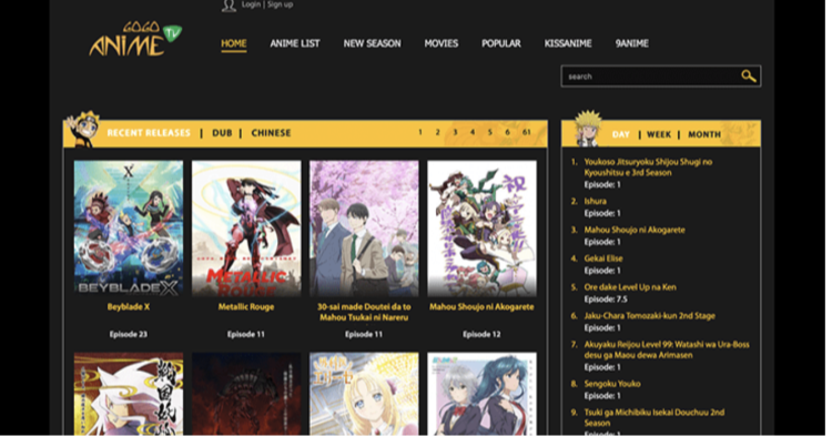 GoGoAnime homepage screenshot