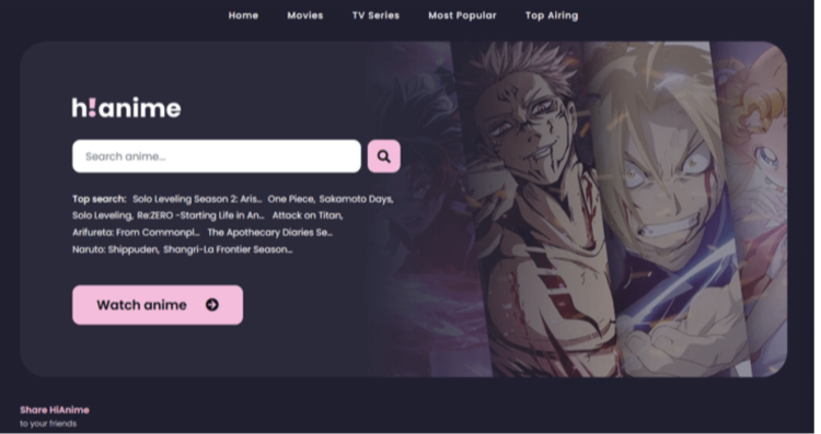 Home page of the website HiAnime, with a search bar and the button "Watch anime" beneath it