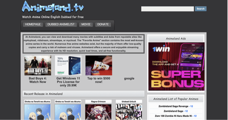 A homepage screenshot of Anime Land's website