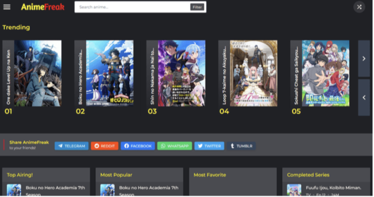 Home page of the website AnimeFreak, showing a search bar and trending recommendations