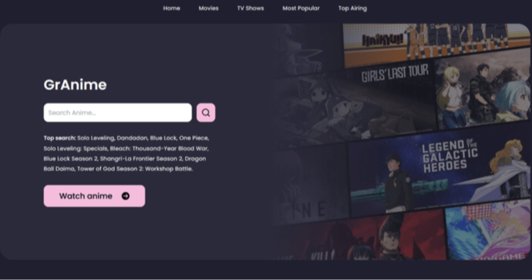 Home page of website GrAnime, with a search bar and the button "Watch Anime" beneath it