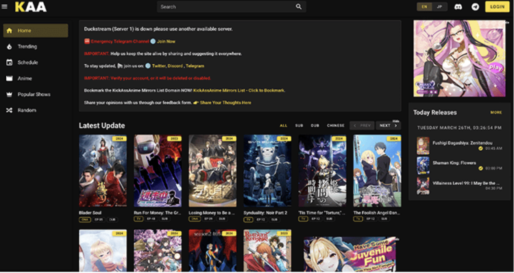 Screenshot of the KickAssAnime homepage