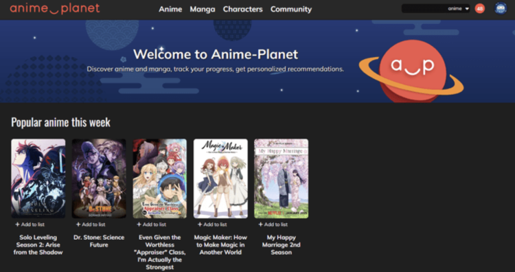 Home page of the website Anime Planet, with the tagline "Discover anime and manga, track your progress, get personalized recommendations"