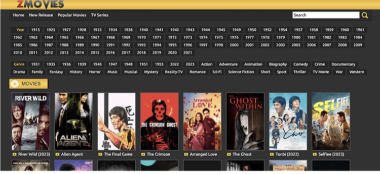 Homepage of the ZMovies free movie streaming site