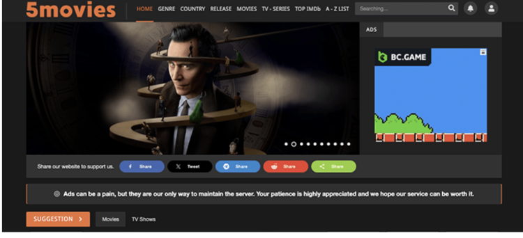 Screenshot of the 5Movies website