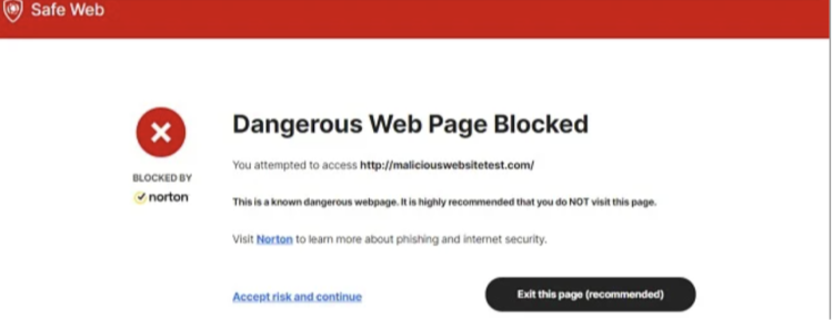 Screenshot of Norton's Safe Web extension blocking an unsafe website