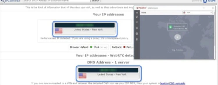 Screenshot of McAfee passing data leak tests and hiding IP address