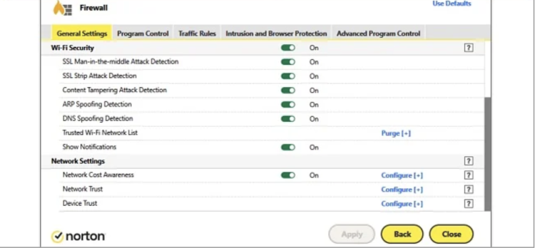 Screenshot of Norton's firewall customization options