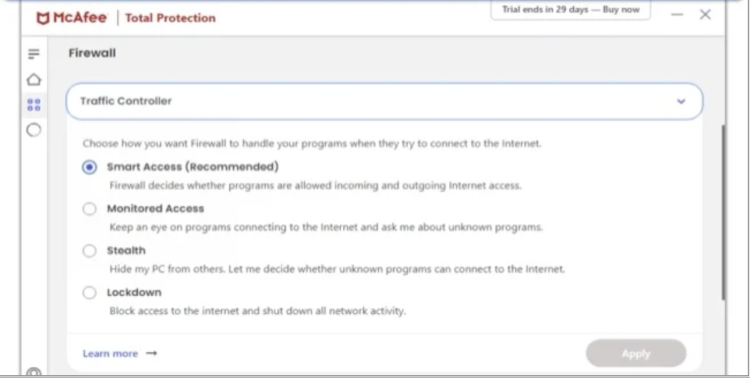 McAfee firewall interface screenshot