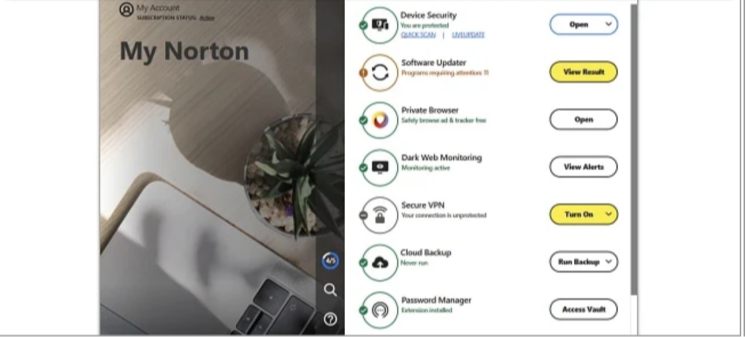 Screenshot of the My Norton menu in Norton's desktop app
