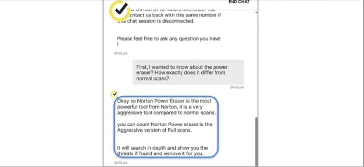 Screenshot of a conversation with Norton's live chat support