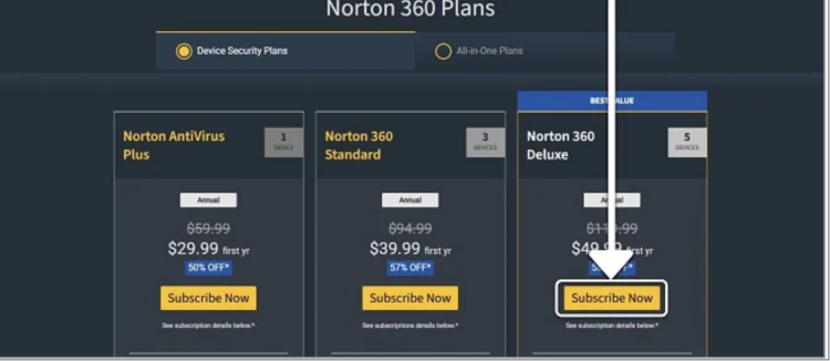 Screenshot showing how to choose your Norton subscription plan